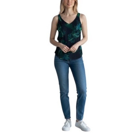 Old Navy Leafy Green and Navy Sleeveless Relaxed V-Neck Blouse Top S - Picture 2 of 6